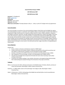 Social & Political Change in MENA ANT 4930 Section 0967 ANG 6930