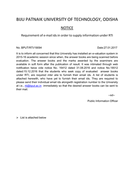 Biju Patnaik University of Technology, Odisha Notice