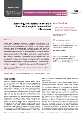 Autecology and Insecticidal Potential of Mentha Longifolia from Madinah