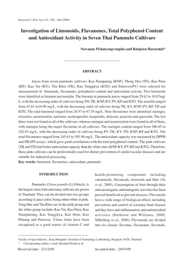 Investigation of Limonoids, Flavanones, Total Polyphenol Content and Antioxidant Activity in Seven Thai Pummelo Cultivars