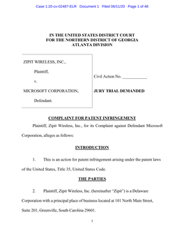 IN the UNITED STATES DISTRICT COURT for the NORTHERN DISTRICT of GEORGIA ATLANTA DIVISION ZIPIT WIRELESS, INC., Plaintiff, V. MI