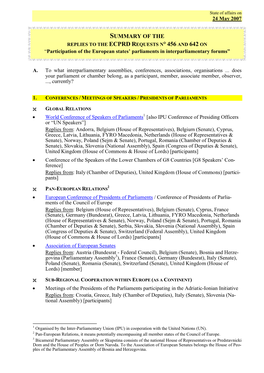 ECPRD REQUESTS N° 456 and 642 on “Participation of the European States’ Parliaments in Interparliamentary Forums”