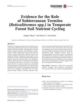 Evidence for the Role of Subterranean Termites (Reticulitermes Spp.) in Temperate Forest Soil Nutrient Cycling