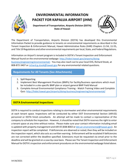 ENVIRONMENTAL INFORMATION PACKET for KAPALUA AIRPORT (JHM) Department of Transportation, Airports Division (DOTA) State of Hawaii