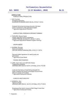 Parliamentary Documentation Vol. XXXVI (1-15 November, 2010) No.21