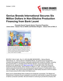 Genius Brands International Secures Six Million Dollars in Non-Dilutive Production Financing from Bank Leumi