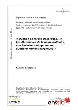 Quant À Ce Féroce Desproges… » Les Chroniques De La Haine Ordinaire, Une Émission Radiophonique