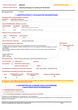 FRDG105 Etat Des Connaissances 2014 Libellé De La Masse D'eau V2 : Calcaire Jurassiques Et Moraines De L'ile Crémieu