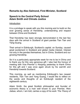 Remarks by Alex Salmond, First Minister, Scotland Speech to the Central Party School Adam Smith and Climate Justice