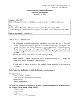 Macro Report Comparative Study of Electoral Systems Module 4: Macro Report September 10, 2012