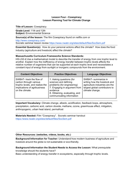 Cowspiracy Lesson Planning Tool for Climate Change