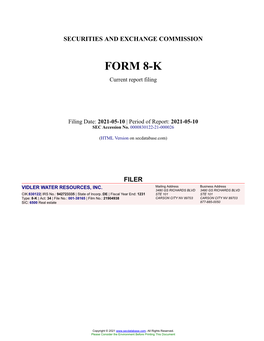 VIDLER WATER RESOURCES, INC. Form 8-K