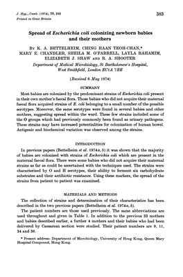 Spread of Escherichia Coli Colonizing Newborn Babies and Their Mothers by K