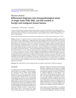 Review Article Differential Diagnosis and Clinicopathological Study of Single Index IVIM, DWI, and DKI Models in Benign and Malignant Breast Lesions