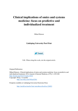 Clinical Implications of Omics and Systems Medicine: Focus on Predictive and Individualized Treatment