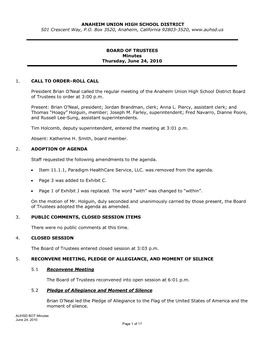 ANAHEIM UNION HIGH SCHOOL DISTRICT 501 Crescent Way, P.O. Box 3520, Anaheim, California 92803­3520