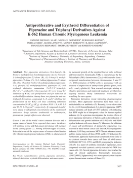 Antiproliferative and Erythroid Differentiation of Piperazine and Triphenyl Derivatives Against K-562 Human Chronic Myelogenous Leukemia