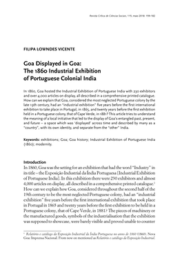 Goa Displayed in Goa: the 1860 Industrial Exhibition of Portuguese Colonial India