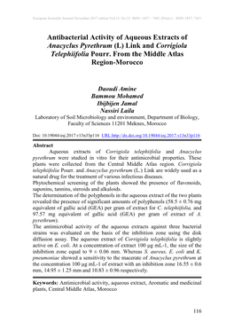 Antibacterial Activity of Aqueous Extracts of Anacyclus Pyrethrum (L) Link and Corrigiola Telephiifolia Pourr