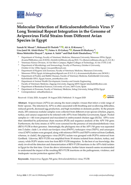 Molecular Detection of Reticuloendotheliosis Virus 5 Long Terminal Repeat Integration in the Genome of Avipoxvirus Field Strains from Diﬀerent Avian Species in Egypt