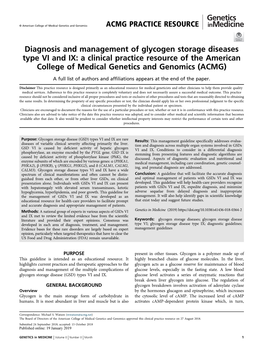 Diagnosis and Management of Glycogen Storage Diseases Type VI and IX: a Clinical Practice Resource of the American College of Medical Genetics and Genomics (ACMG)