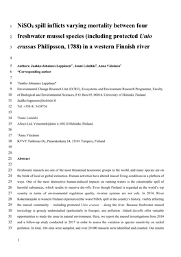 Niso4 Spill Inflicts Varying Mortality Between Four Freshwater Mussel