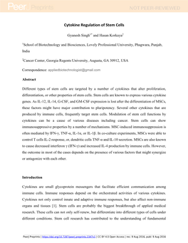 Cytokine Regulation of Stem Cells