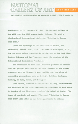 Washington, D. C. February 6 S 1968. the National Gallery of Art Will Open