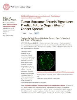Tumor Exosome Protein Signatures Predict Future Organ Sites Of