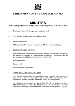 MINUTES of Proceedings of Parliament at Suva on Tuesday, Eighth Day of December, 2020