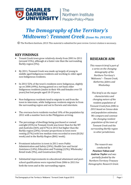 The Demography of the Territory's 'Midtowns': Tennant Creek (Issue