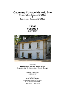 Cadmans Cottage Historic Site Conservation Management Plan & Landscape Management Plan