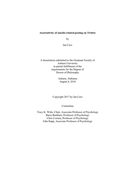 Assortativity of Suicide-Related Posting on Twitter by Ian Cero A