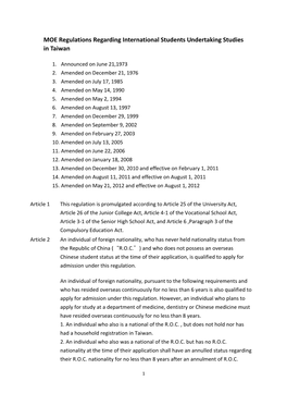 MOE Regulations Regarding International Students Undertaking Studies in Taiwan