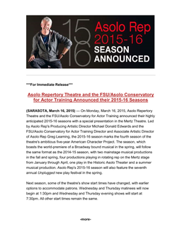 Asolo Repertory Theatre and the FSU/Asolo Conservatory for Actor Training Announced Their 2015-16 Seasons