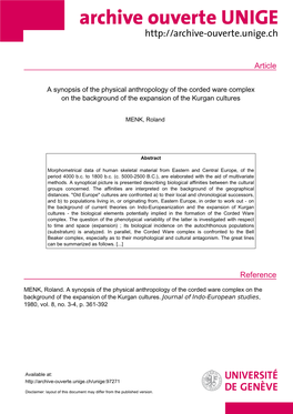 A Synopsis of the Physical Anthropology of the Corded Ware Complex on the Background of the Expansion of the Kurgan Cultures