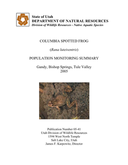 State of Utah DEPARTMENT of NATURAL RESOURCES Division of Wildlife Resources - Native Aquatic Species