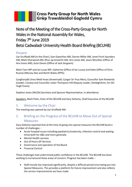 Note of the Meeting of the Cross-Party Group for North Wales in the National Assembly for Wales, Friday 7Th June 2019 Betsi Cadw
