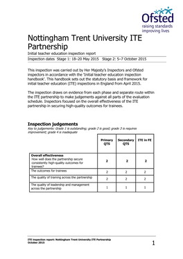 Nottingham Trent University ITE Partnership Initial Teacher Education Inspection Report Inspection Dates Stage 1: 18–20 May 2015 Stage 2: 5–7 October 2015