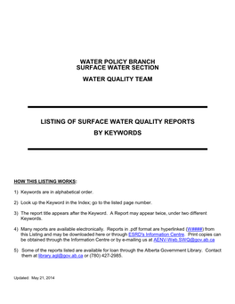 Listing of Surface Water Quality Reports by Keywords