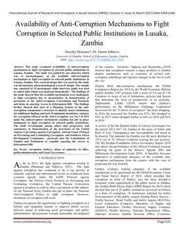 Availability of Anti-Corruption Mechanisms to Fight Corruption in Selected Public Institutions in Lusaka, Zambia Dorothy Mzumara*, Dr