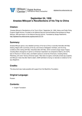 04-09-1958 Anastas Mikoyan's Recollections of His Trip to China