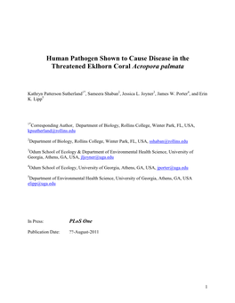 Human Pathogen Shown to Cause Disease in the Threatened Eklhorn Coral Acropora Palmata