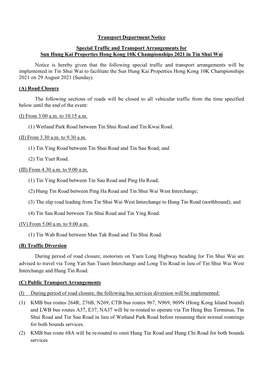 Transport Department Notice Special Traffic and Transport Arrangements