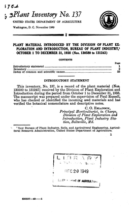 Splant Inventory No. 137 UNITED STATES DEPARTMENT of AGRICULTURE 