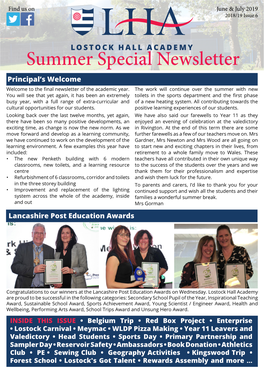 Summer Special Newsletter Principal’S Welcome Welcome to the Final Newsletter of the Academic Year