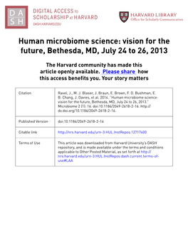 Human Microbiome Science: Vision for the Future, Bethesda, MD, July 24 to 26, 2013