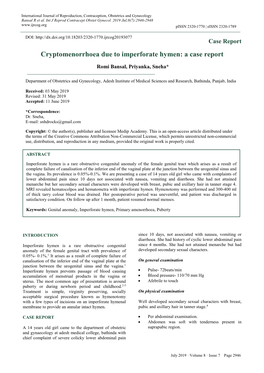 Cryptomenorrhoea Due to Imperforate Hymen: a Case Report