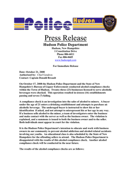 Press Release Hudson Police Department Hudson, New Hampshire 1 Constitution Drive Phone 886-6011 Fax 886-0605