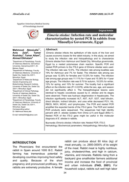 Eimeria Stiedae: Infection Rate and Molecular Characterization by Nested PCR in Rabbits from Minoufiya Governorate, Egypt